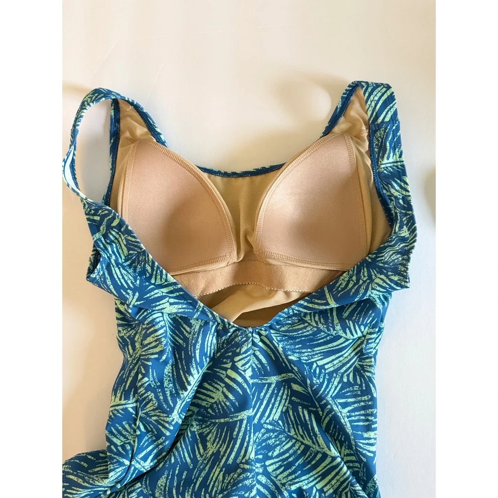 LL Bean Womens Blue Green Tropical Palm Leaf One Piece Swimsuit UPF 50+ Size 8‎